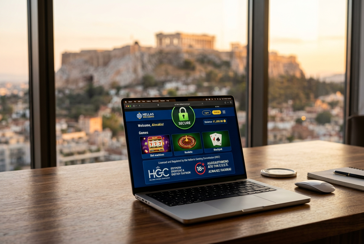 A laptop showing security certificates and casino games on a modern desk.