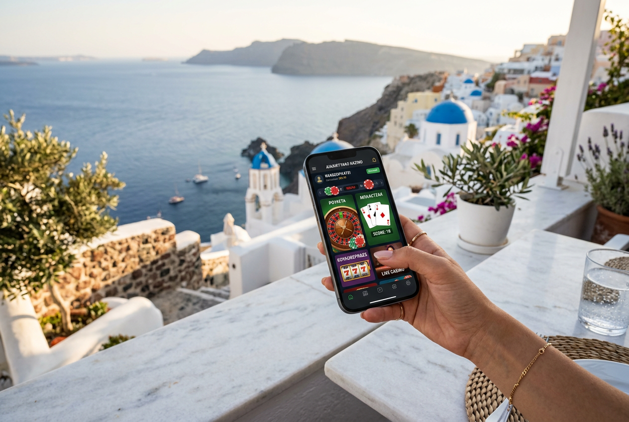 A smartphone displaying a modern online casino interface in a Greek setting.